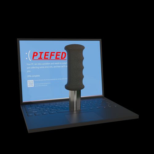 Laptop with a bluescreen of death.  Red text saying PIEFED.  A knife going into the keyboard.