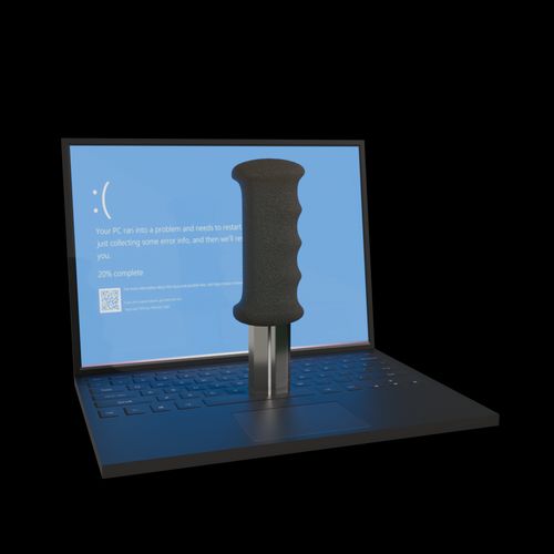 A laptop showing a blue screen of death with a knife in it.